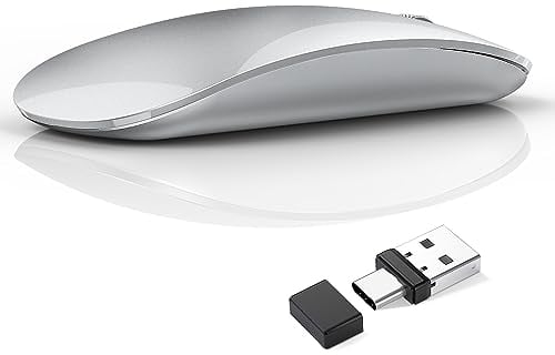 Uiosmuph G11 Mouse Wireless Ricaricabile, Mouse Senza Fili Silenzioso, 2,4 GHz con Ricevitore di Tipo C e USB per Laptop/PC/Mac/Chromebook, argento