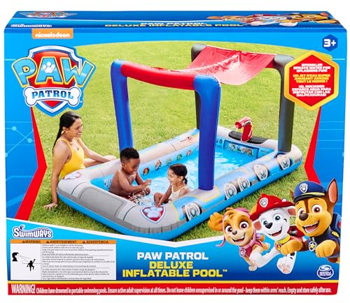 SwimWays Paw Patrol Pool Patroller Deluxe aufblasbarer Pool, Rechteckig, Blau, für Kinder ab 3 Jahren mit Baldachin, Wasser-Shooter und Rutsche, schnell aufblasbar mit Hyper-Flate-Ventil