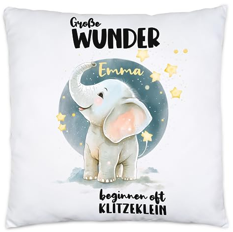 Kiddle-Design Kissen zur Geburt Elefant Geldgeschenk zur Geburt Junge Mädchen Geschenk Personalisiert mit Name Geburtskissen Baby Sprüche