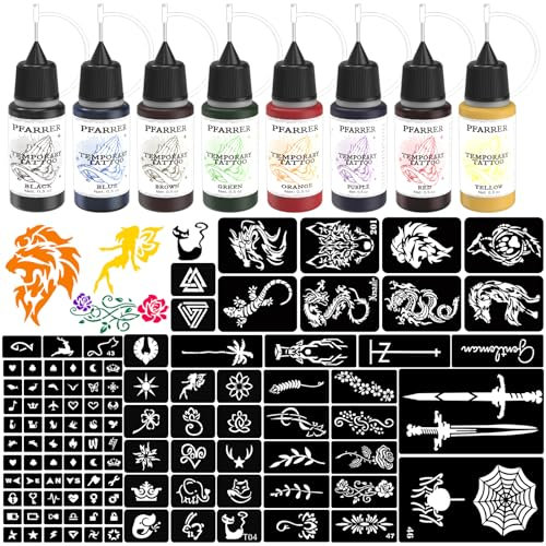 PFARRER Temporäre Kit 8 Flaschen Farbe temporäre Tinte, 105 Pcs Schablonen Kit für Farbe DIY gefälschte Tattoos (schwarz, rot, grün, blau, gelb, lila, braun, orange) ZYH2309001KIT