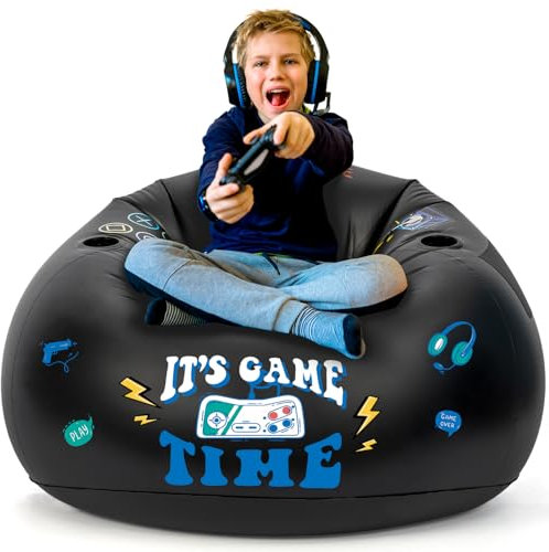 Inflatable Gaming Chair for Kids, Floor Bean Bag Chair for Teens - Boys Room Furniture with Cup Holder and Side Pocket, Inflatable Gaming Couch for Boys Room, Cool Kids Blow Up Couch Decor for Teens