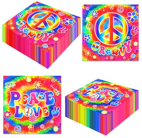 Dydamud Batik-Party-Dekorationen, 60er-Jahre-Hippie-Thema-Servietten, 40 Stück, groovige Batik-Servietten, Hippie-Servietten für 60er-Jahre-Dekorationen, Partyzubehör, Regenbogen