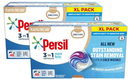 Persil XL 3-In-1 Washing Capsules All New Outstanding Stain Removal Even In Cold Washes With Triple Action Cleaning All In One Power Washing Capsules, 40 Washes (Non-Bio, Buy 2)