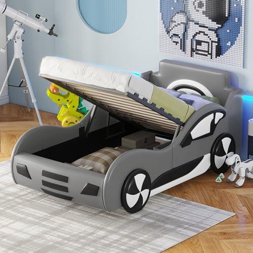 MQLAE Autobett Kinderbett 90 x 200cm, Bett mit Lattenrost und Stauraum, Kinder Spielbett, Aufregendes Auto Kinderbett für kleine Rennfahrer Jungen und Mädchen, Flachbett, ohne Matratze Grau
