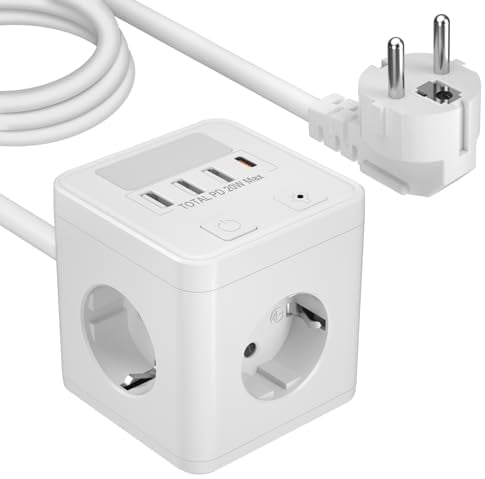 Steckdosenwürfel mit USB C 20W,Steckdosenleiste 4Fach mit USB C und 3USBA, Überspannungsschutz Mehrfachsteckdose Würfel mit Nachtlicht, Mehrfachstecker mit Schalter für Zuhause Büro, 1,5m Kabel Weiß