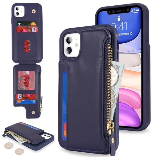 SailorTech per iPhone 11 Custodia per telefono con porta carte di credito per uomo, iPhone 11 Custodia con slot per carte di credito Portafoglio Zipper per donna-Blu