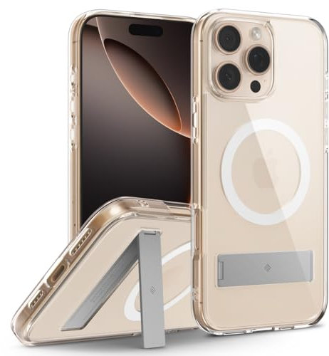 Caseology Capella Mag Kickstand for iPhone 16 Pro Max Case [Built-in Kickstand] Magnetic Military Grade Drop Protection Side Grip Patterns Case Cover for iPhone 16 Pro Max - Clear White Silver