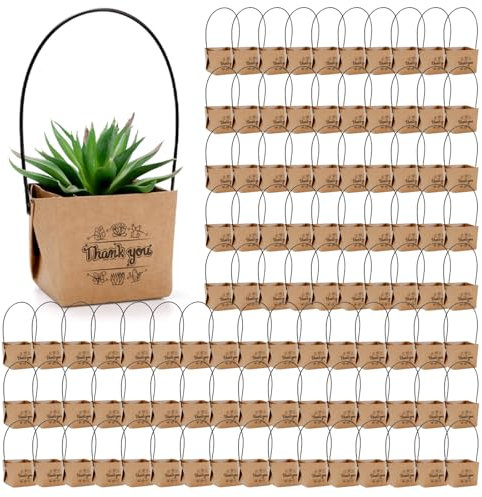 Covzoe 100 Pieces Succulent Wraps Bags, Thank You Succulent Gift Box with Handles, Fits 2 Inch Pots, Waterproof Kraft Paper Wedding Party Favors for Guests Plants Decoration