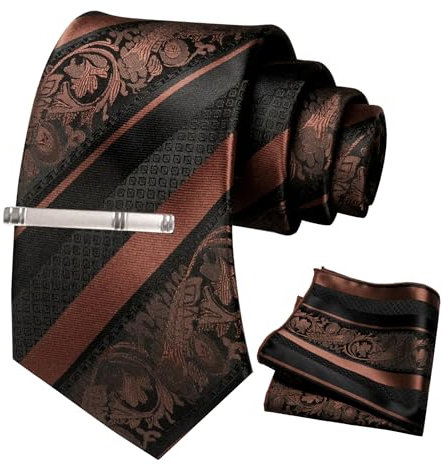 JEMYGINS Herren Krawatten Set mit gemischtem Rosen und Streifenmuster inklusive Krawattenklammer und Taschentuch Kaffee