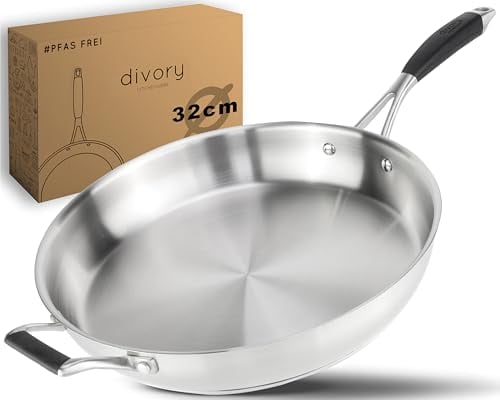 DIVORY Stainless Steel Frying pan 32 cm PURA Induction I Uncoated Large Universal pan for All hob Types I Ergonomic Handle, Dishwasher-Safe