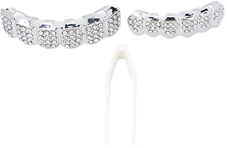Diamond Grills, Hip Hop Silber Grills für Ihre Zähne oben und unten, Rapper Kostüm Mund Gold Grills mit Formstäben, Zahndekoration, Schmuckzubehör für Halloween-Party (Splitter)