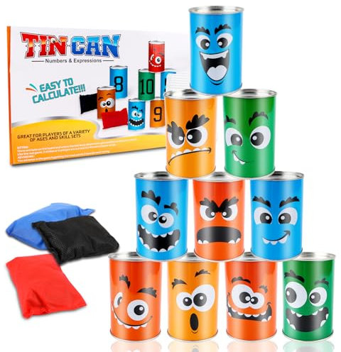 Dosenwerfen Kinder,Dosenwerfen,Outdoorspiele Kinder,Dosenwurfspiel für Kindergeburtstag Party Spiele Draußen Spielzeug Kinder Bowling Dosen Werfen Gartenspiele mit 10 Blechdosen und 3 Wurfsäckchen