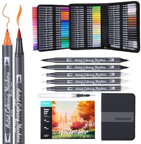 Aquarellstifte-Set, 72 Farben, Doppelspitze, Malmarker auf Wasserbasis mit 1 Aquapen, 3 farblosen Mischern, 2 schwarzen Markern und 12-seitigem Block, Kunstbedarf für Künstler und Anfänger
