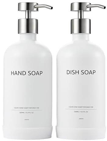 Janxin 2 Stück Seifenspender Weiss Glas, Seifenspender 500ml, Seifenspender Bad, Shampoo Flaschen Zum Befüllen, Mit Non-Slip Silicone Protective Underlay (weiße Flasche, silberner Kopf)