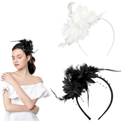 2 Pièces Serre Tete Femme Années 1920 Fascinateur Plumes pour Femmes Bandeaux de pour les Cheveux Fleur Artificielle Accessoires,pour la Saint Patrick Cocktail Mariage Goûter Décoration