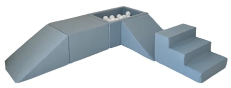 Monio for Kids Blau Schaumstoff-Spielset mit 5 Elementen Bällebad und 100 Bällen Abnehmbare Bezüge Weich und Waschbar Indoor-Spielset Kinderspielplatz