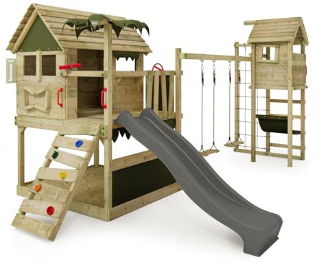 FATMOOSE Spielturm Klettergerüst TikaTaka Town XXL mit Turmanbau, Schaukel & anthraziter Rutsche, Outdoor Kinder Kletterturm mit Sandkasten Leiter & Spiel-Zubehör für den Garten