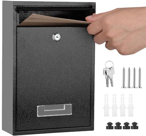 Post Boxes Wall Mounted Waterproof, Large Letter Box Lockable Black Mail Box with 2 Keys Postbox for Outside Wall Easy To Install Keep Your Mail Safe