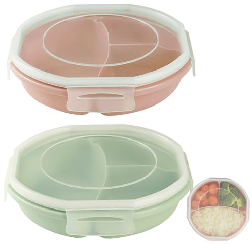 GOMETY 2 Pièces Assiettes Micro-ondes avec Couvercle, Boîte Repas Bento Compartimentée 3 Compartiments, Hermétique, Sans BPA, Vaisselle Micro-ondes pour Réchauffer, Congeler et Conserver