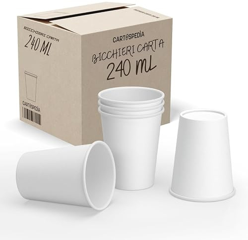 CARTOSPEDÌA - 200 Bicchieri Carta Da 240 ml, Biodegradabili e Compostabili, Usa e Getta, Monouso, Ecologici per Acqua, IDEALI PER Bevande Calde/Fredde, Feste e Asporto