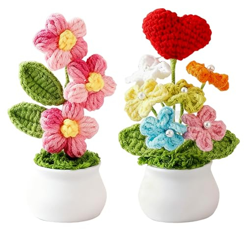 InteDesign 2 Stück Gestrickte Blumen, Häkeln Kleine Blumen mit Topf, Häkelblumen Dekopflanzen, Gehäkelter Rot Herzförmige Blumenstrauß, für Home Office Dekoration, Auto Dekoration