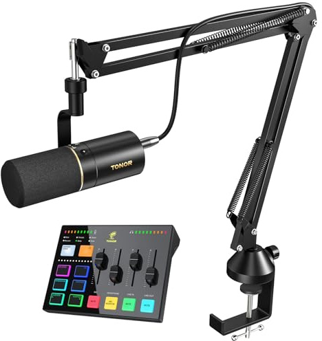 TONOR Podcast Equipment Bundle, Audio Interface and Dynamic Mic Set with Boom Arm, USB Audio Mixer with RGB, XLR Microphone, Studio Sound Quality, Complete Package for Content Creating, Streaming, E7