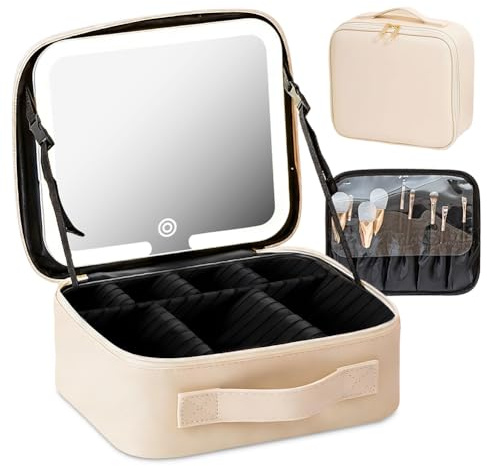 Kosmetiktasche mit LED - Beleuchtung Licht,7 Staufächer Reise-Kosmetikkoffer,3-in-1 Kosmetikkoffer Tasche Damen,Verstellbare Trennwand Schminkkoffer,für Reise,Waschtasche,Waschbeutel (Weiß)