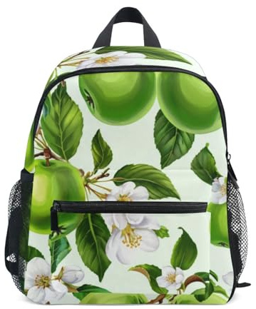Green Apples White Flowers Backpack for Toddler Boys Girls, Mini Travel Backpack with Name Tag Kids Backpacks,, Grüne Äpfel, weiße Blumen, 3-5 Years, Niedliche Rucksäcke
