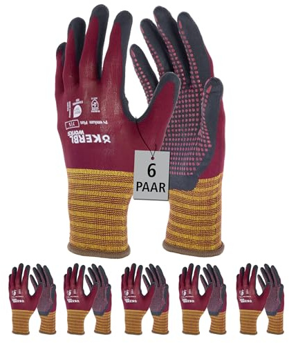 Keron 6 Paar Handschuh Premium Plus | Feinstrickhandschuh (15 Gauge), 7/S, bordeaux, Nylon, Spandex, Nitril, mit Noppen,Industrie, Garten, touchscreenfähig