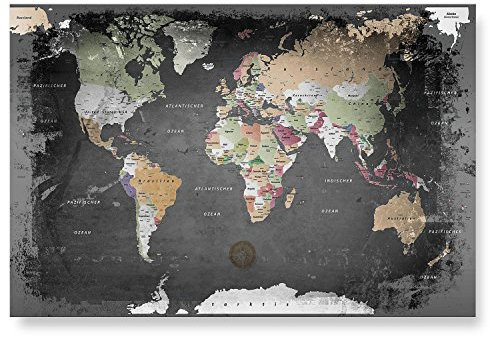 LANA KK - magnetisches Glasbild Weltkarte Graphit Weltkarte - deutsch - edler Glas-Kunstdruck hinter 4 mm starkem geschliffenem Glas – magnetische Pinnwand in schwarz-weiß in 120 x 80 cm