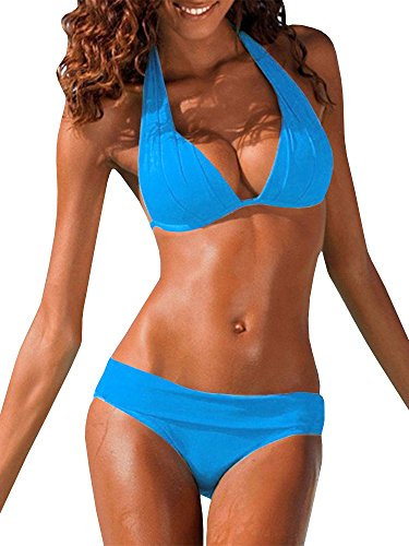 Damen Neckholder-Bikini-Set, gepolstert, Push-Up-Bikini-Set, zweiteiliger Badeanzug, Himmelblau, XL