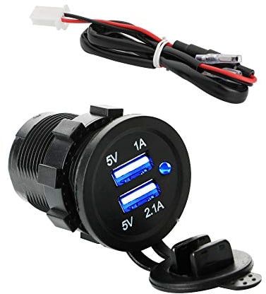 CESFONJER Enchufe de Cargador USB Universal Impermeable Doble Toma de Corriente, Salida 12 V-24 V 5 V 2.1 A Cargador Rápido con LED Azul, Compatible con iPhone, Moto, Barco, Bicicleta, Coche