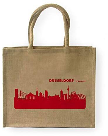 44spaces Große geräumige Einkaufstasche Düsseldorf Skyline - Jute Natur/Rot
