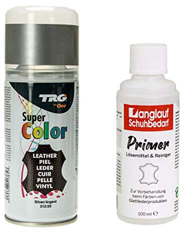 TRG Lederfarbspray 150ml Lederfarbe + Primer & Lederreiniger 100ml für Glattleder | Spray für Schuhe, Kunstleder & Stoffe, starke Deckkraft, viele Farben inkl. Metallic (silber 312/20)
