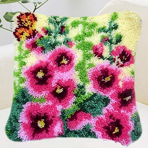 3D-Kissen Knüpfhaken Stickset DIY Kissen Materialien Paket Häkeln Teppich Garn Kissen Stickerei Set für Anfänger Stickerei Kit Kissenbezug Kissen Blume A