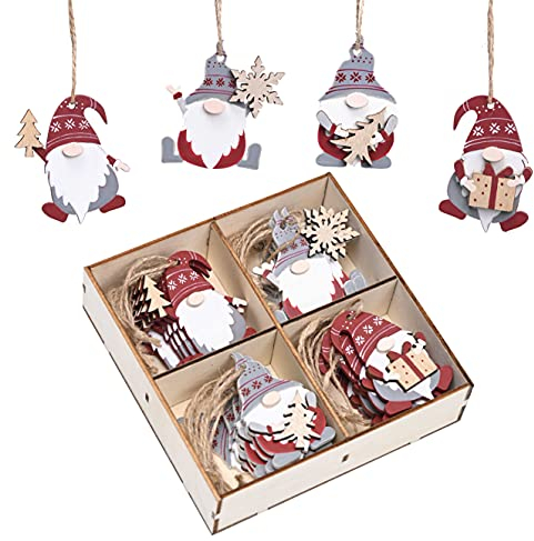 Valery Madelyn 24pcs Nordic Hut Red and Grey Christmas Tree Decorations, Wooden Christmas Hanging Pendants, Xmas Tree Ornaments with Funny Gnome Patterns for Gift Tag, 2.4inch/6.2cm