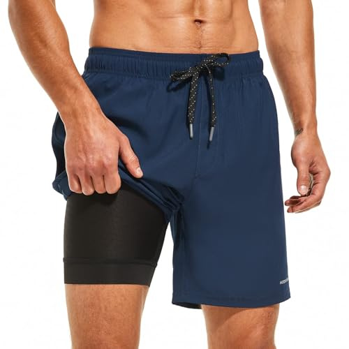 HODOSPORTS Mens Swimsuit Trunks 7 Quick-Dry Swim Shorts with Compression Liner and Zipper Pockets (Large,Navy)