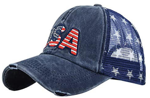 YULOONG Vintage Half Mesh Baseball Cap Stickerei USA Stars Washed Denim Trucker Cap Cotton Sun Hat Adjustable Unisex Blau