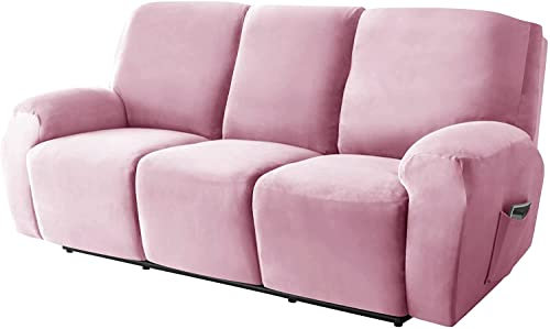Couch Slipcovers Stretch Recliner Sofa Cover Velvet Reclining Couch Cover with Side Pocket Anti-Slip Fitted Recliner Sofa Slipcovers Furniture Covers with Elastic Bottom (Pink,3 Seater 8-Piece)