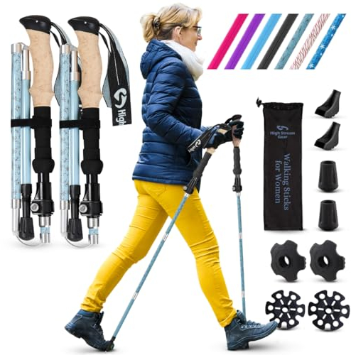 Wanderstöcke für Damen – Faltbare Wanderstöcke für Rucksackreisen, Training und Reisen, 36,8 cm, 2 Stück, Aluminium, nordische Faltbare Trekkingstöcke (graue Wiese, kurz)