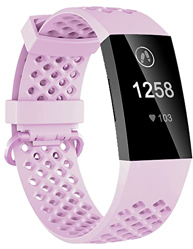honecumi Ersatz für Fitbit Charge 4 Armband/Charge 3 Armband/Charge 3 SE Atmungsaktive Armband, Silikon Sport Charge 4 Ersatzarmband Wechselarmband Uhrenarmband Zubehör Band- Helles Lila, Kleine