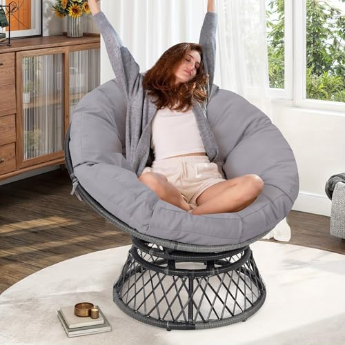 KROFEM Ergonomischer Papasansessel aus Weidengeflecht, 101,6 cm, 360° drehbar, für drinnen und draußen, Rattan-Stuhl mit weichem, dickem Kissen, ideal für Wohnzimmer, Schlafzimmer, Lesesaal, grauer