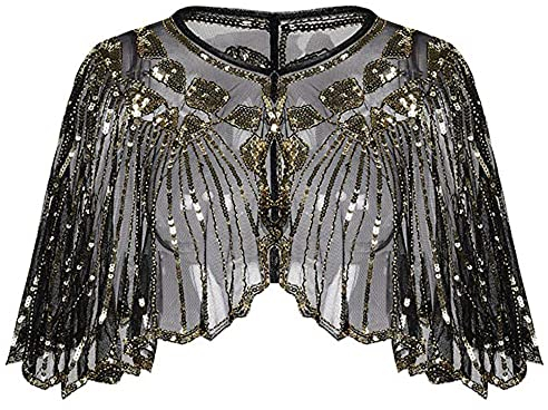SPORTARC Vintage Boutique Schal mit Perlen und Pailletten, 1920er-Jahre, Retro-Stil, Flapper, Dekoration, Abendparty, Umhang (Schwarz + Aprikose)