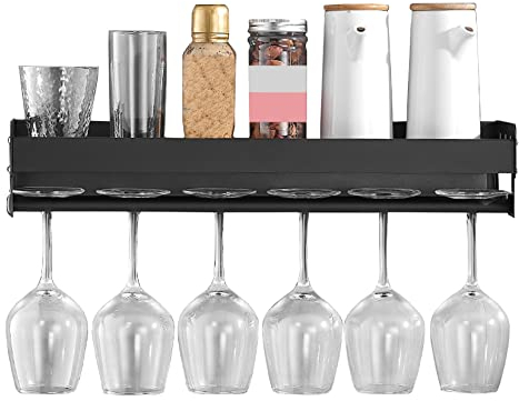 WORDFUN Estante De Copas De Vino Tinto De Pared Doble Capa, Negro Estante for Copas Vino con Tornillos, Aluminio Metal Soporte Copas Colgante, Antideslizante, Fácil De Almacenar