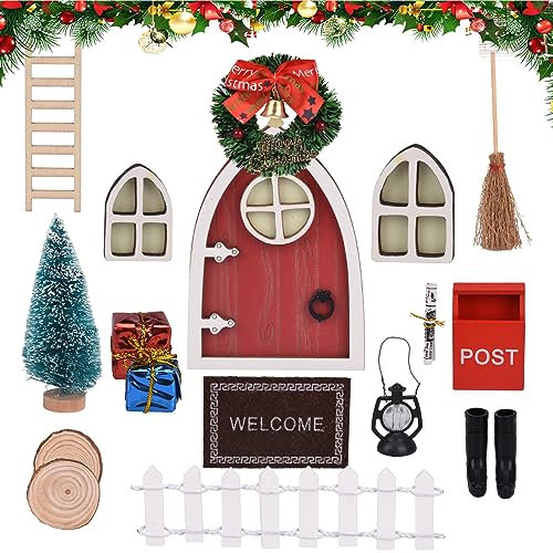 GUALESA 18 Stück Wichteltür,Wichtelhaus,Wichtel Zubehör Weihnachtsdeko,Weihnachtswichtel,Wichteltür Komplettset,Kommt mit Mini-Weihnachtsbaum, Besen, Zaun, Fenster, Briefkasten, Leiter
