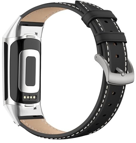 KoGiio Vintage Leder Armband Kompatibel mit Fitbit Charge 6/5, Metallschnalle Atmungsaktiv Ersatzarmband, Herren Damen Ersatz Weich Uhrenarmbänder für Fitbit Charge 5/6- Schwarz