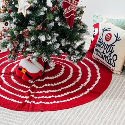 Weihnachtsbaum Rock125cm, Gestrickte Weihnachtsbaumdecke Pad Rot Rund, Weihnachtsbaumkragen, Weihnachtsbaumrock Runde für Weihnachten Neues Jahr Dekoration(Rot/Weiß)
