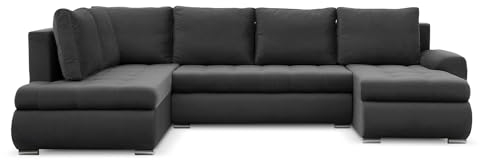 Mebligo - Ecksofa mit Schlaffunktion und Bettkasten Tokio II PRO, 300 cm Breit, Wohnzimmer Eckcouch Ottomane Links, Sofa Velour mit Bettfunktion - Sofa Dunkelgrau (Kronos 34)