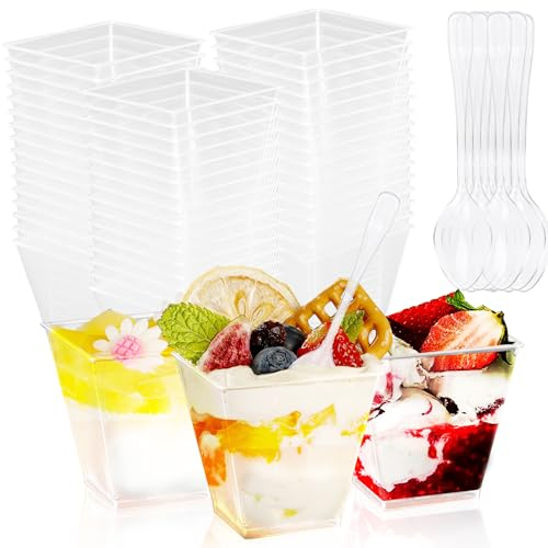 LOSYHU 50Pack 200ml Dessert Cups with 50pcs Spoons, Clear Square Plastic Dessert Cups, Cheesecake Pots Plastic Mini Dessert Bowls for Pudding, Mousse, Parfait, Tiramisu