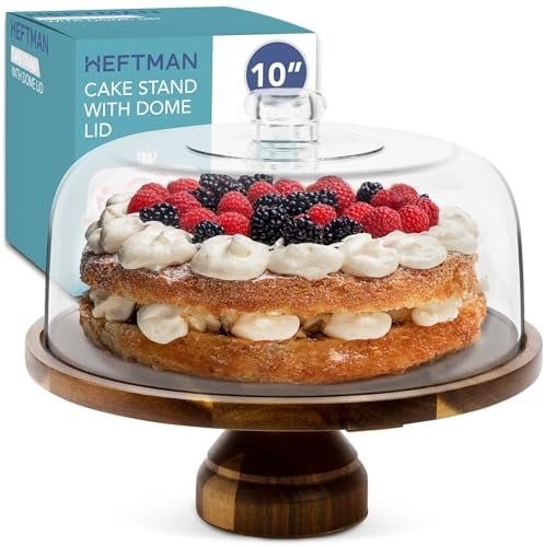 HEFTMAN 10 Cake Stand with Dome Lid - 2-in-1 Non-Slip Acacia Wood Cake Display Stand with Clear Acrylic Dome Cover for Cakes, Pastries, Cheese Boards - Ideal for Birthday, Wedding, Party, Café